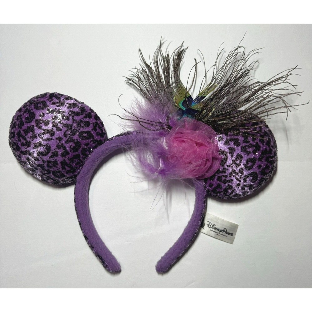 DISNEY PARKS Minnie Mouse Ears Purple Cheetah Sequin & Feathers Headband